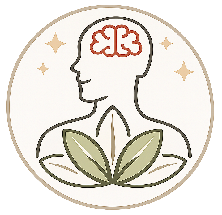 Icon für ganzheitliche Gesundheit mit Mensch, Gehirn und Blättern als Symbol für das Zusammenspiel von Körper, Geist und Seele.