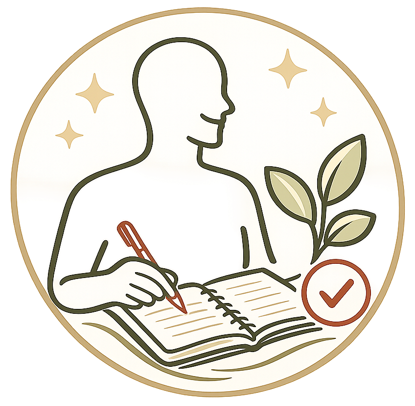 Icon für praxisnahe Beratung mit Person, Notizbuch und Häkchen als Symbol für umsetzbare Lösungen und konkrete Schritte im Alltag.